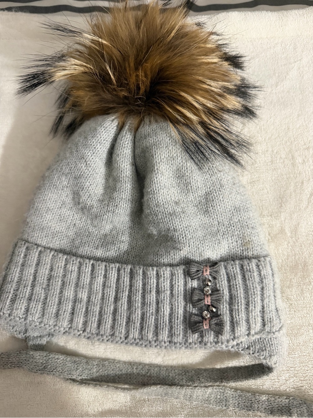 Blair Gray Knit Kids Pom Pom Hat with Faux Fur Accent